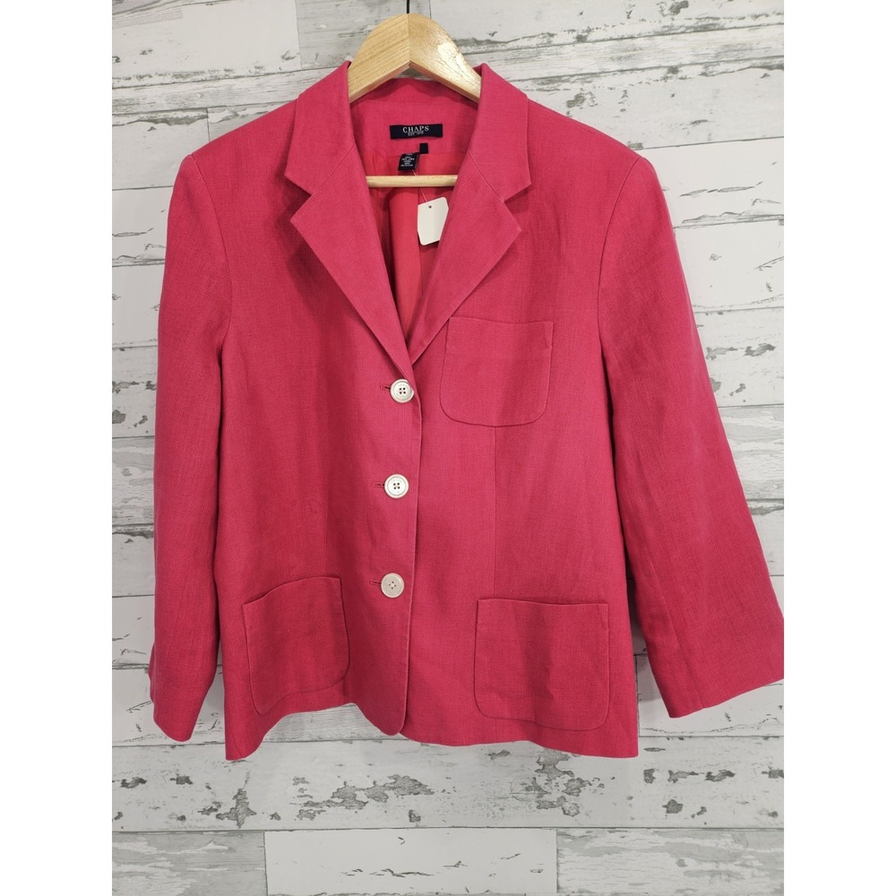 Chaps Women's 16 Bright Pink 100% Linen Blazer Patch Pockets Business